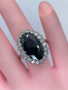 Onyx Black Diamond White Swarovski Crystals Oval Halo Ring Silver Statement Sz 7